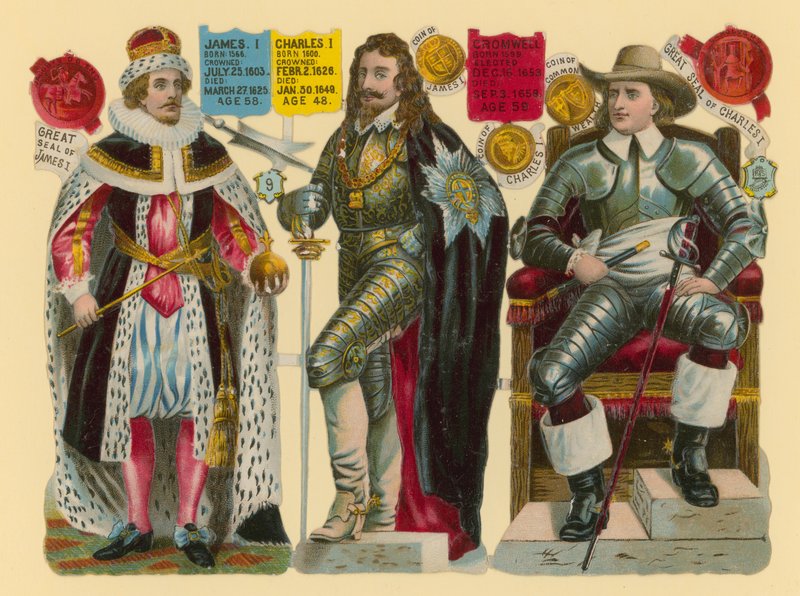 Viktoriansk skrap: King James I, King Charles I, Oliver Cromwell av English School