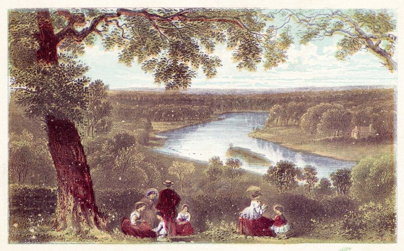 Utsikt fra terrassen, Richmond Hill (farge litho) av English School