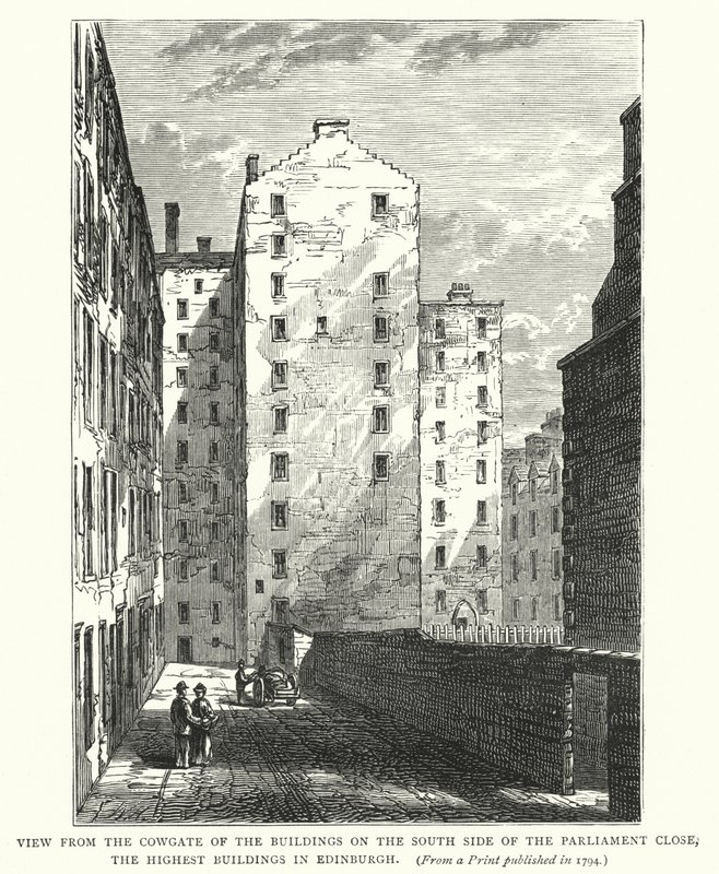 Utsikt fra Cowgate of the Buildings på sørsiden av parlamentet Lukk, de høyeste bygningene i Edinburgh (gravering) av English School