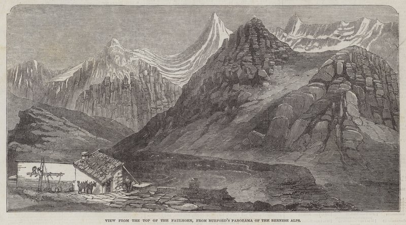 Utsikt fra toppen av Faulhorn, fra Burfords panorama over Berner-alpene (gravering) av English School