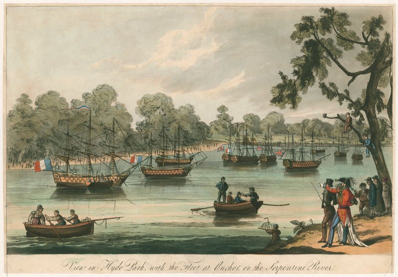 Utsikt i Hyde Park med flåten ved Anchor på Serpentine River. Naumachia. Peace of 1814 (farget gravering) av English School