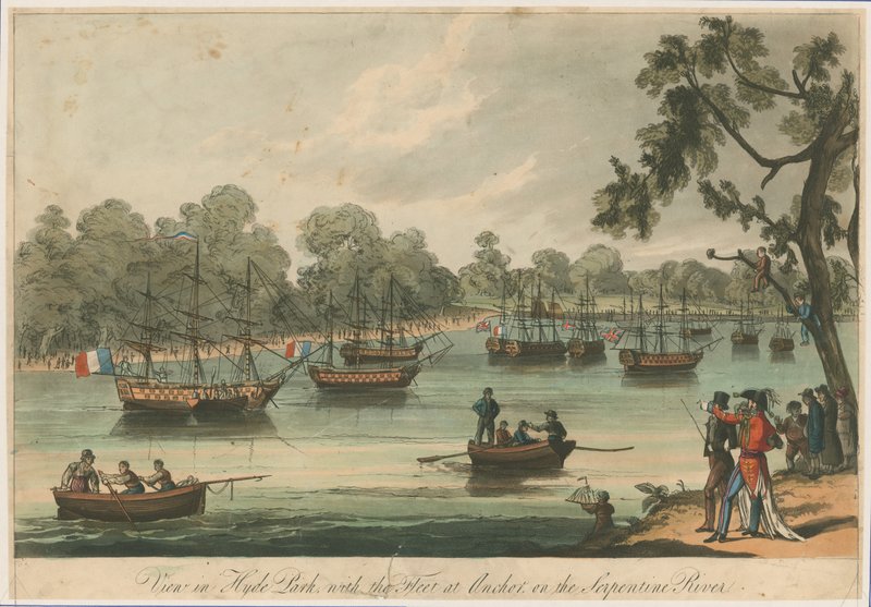 Utsikt i Hyde Park med flåten ved Anchor på Serpentine River. Naumachia. Freden i 1814 av English School