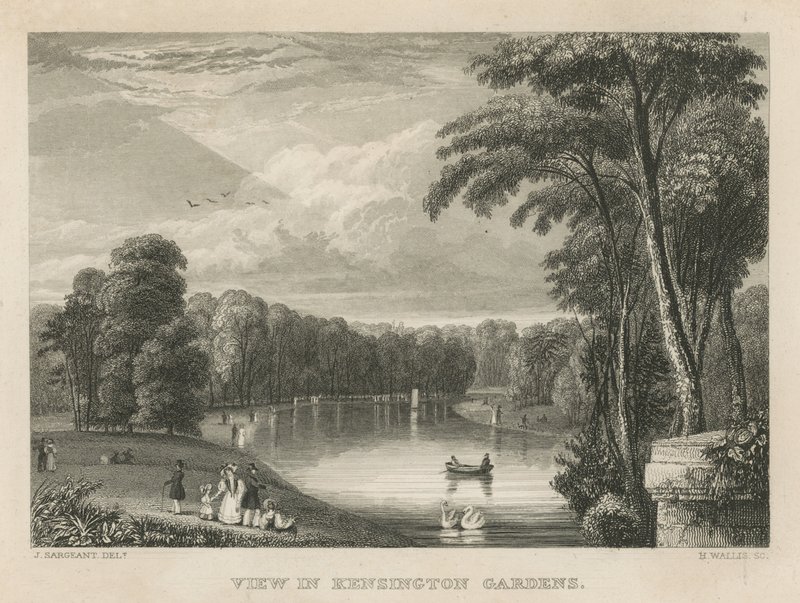 Utsikt i Kensington Gardens, London av English School