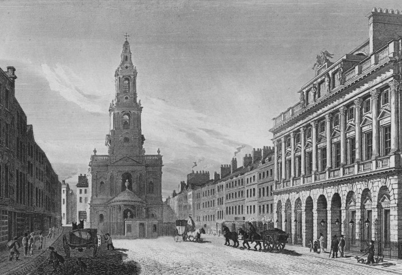 Utsikt i Strand, inkludert nordfronten til Somerset House, og Church of St Mary-Le-Strand, Westminster (gravering) av English School
