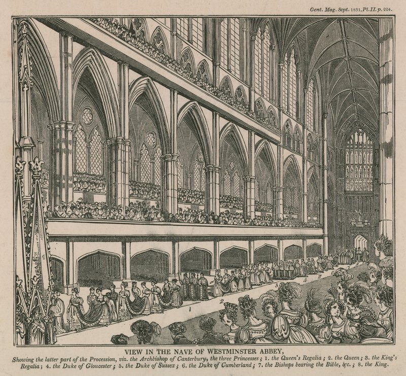 Utsikt i skipet til Westminster Abbey under kroningen av kong William IV og dronning Adelaide av English School