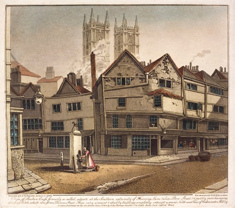 Utsikt over Broken Cross, ved enden av Thieving Lane, Westminster, London av English School