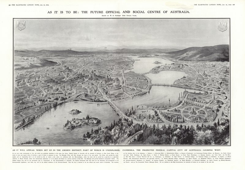 Utsikt over Canberra, foreslått føderal hovedstad i Australia, 1913 av English School