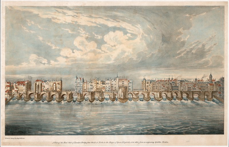 Utsikt over østsiden av Old London Bridge under dronning Elizabeth I av English School