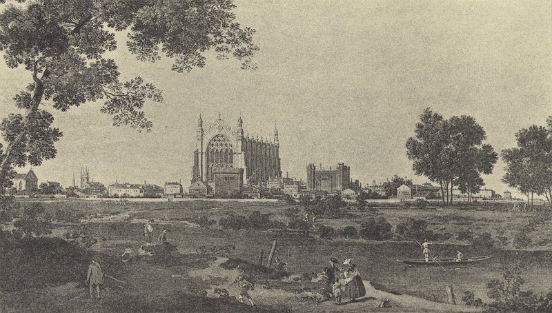 Utsikt over Eton College, ca 1747 (gravyr) av English School