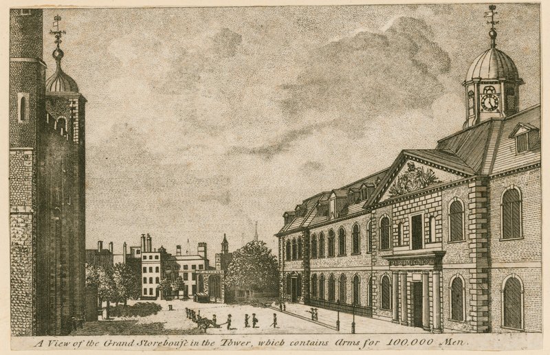 Utsikt over Grand Storehouse i Tower of London som inneholder våpen til 100 000 menn av English School