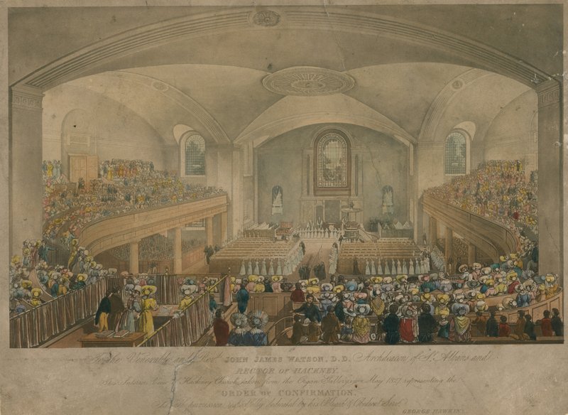 Utsikt over Hackney kirke tatt fra orgelgalleriet i mai 1827 av English School