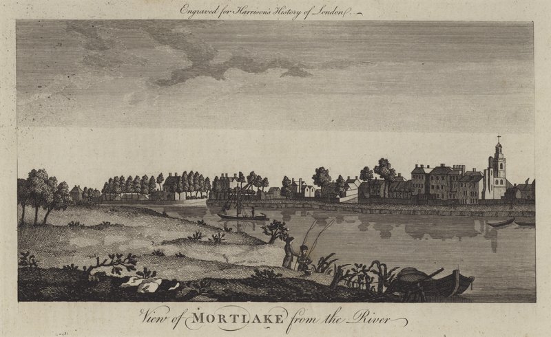Utsikt over Mortlake fra Themsen (gravering) av English School