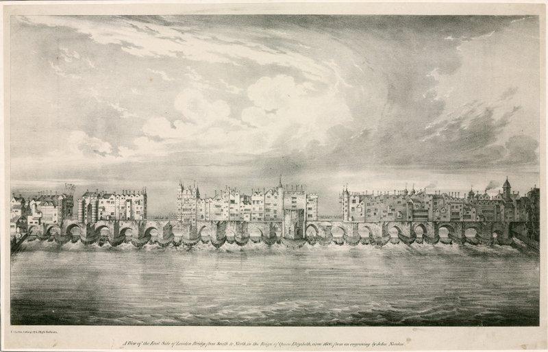 Utsikt over Old London Bridge som under dronning Elizabeth I av English School