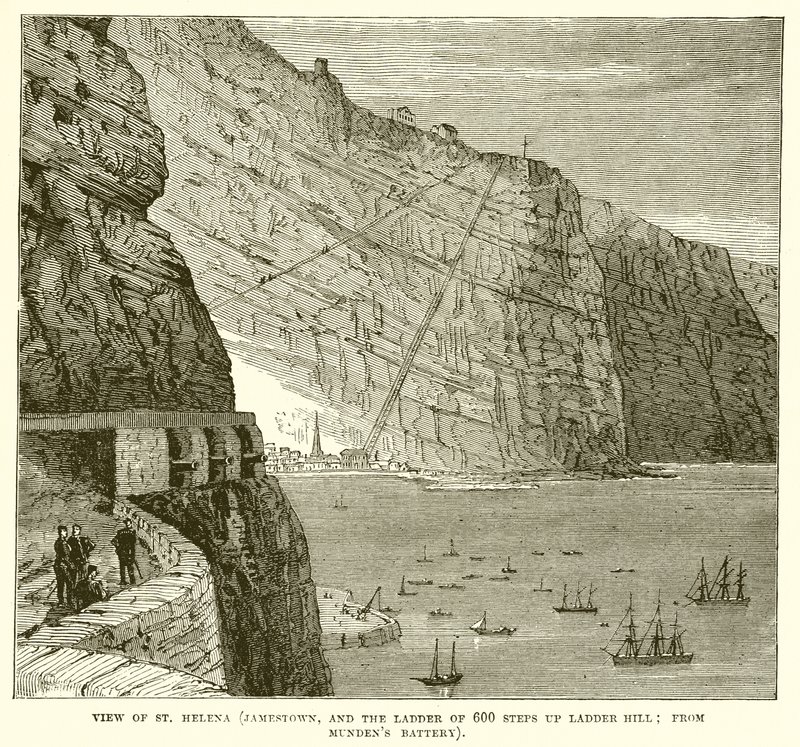 Utsikt over St. Helena (Jamestown, og stigen med 600 trinn opp Ladder Hill; fra Mundens batteri) av English School