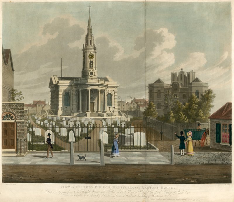Utsikt over St Pauls Church, Deptford, London og Rectory House av English School