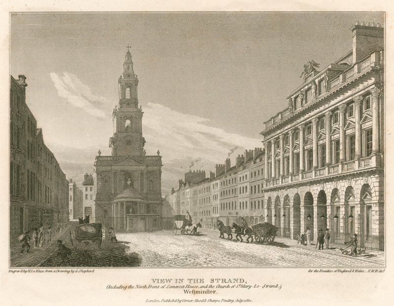 Utsikt over The Strand, inkludert nordfronten av Somerset House og Church of St Mary-Le-Strand, Westminster, London av English School