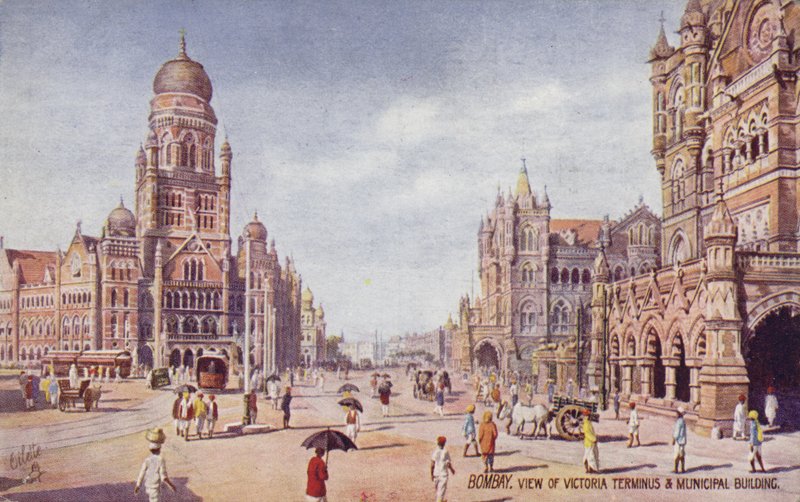 Utsikt over Victoria Terminus og rådhus, Bombay (fargelitografi) av English School