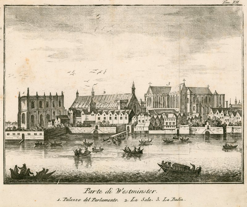 Utsikt over Westminster Palace, London av English School