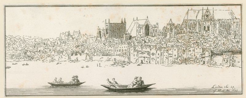 Utsikt over Westminster Palace, London, 27. mars 1652 av English School