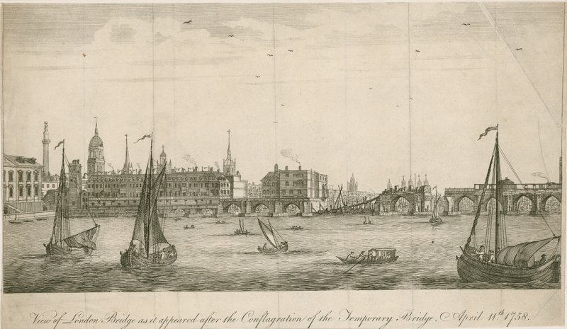 Utsikt over den gamle London Bridge slik den så ut etter brannen i 1758 av English School