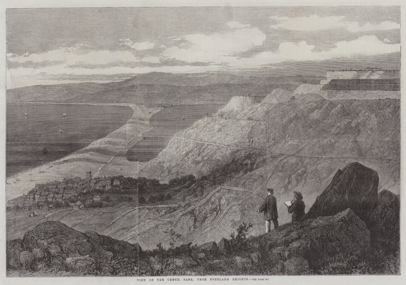 Utsikt over Chesil Bank, fra Portland Heights (gravering) av English School