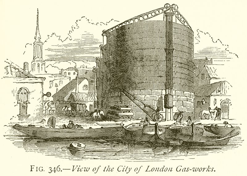 Utsikt over City of London Gas-Works av English School
