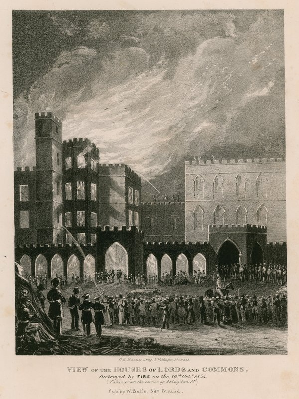 Utsikt over Houses of Lords and Commons, ødelagt av brann 16. oktober 1834 av English School