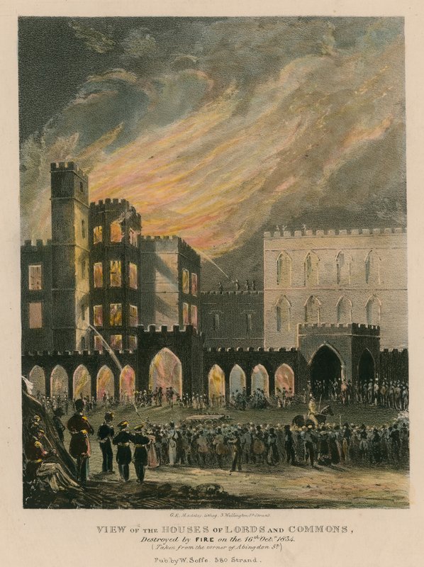Utsikt over Houses of Lords and Commons, ødelagt av brann 16. oktober 1834 av English School