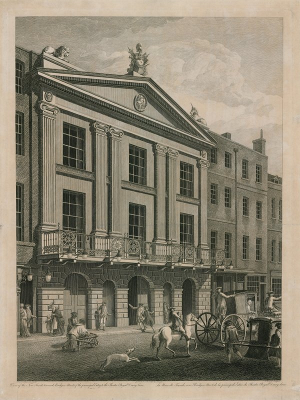 Utsikt over den nye fronten, mot Bridges Street, av hovedinngangen til Theatre Royal Drury Lane av English School