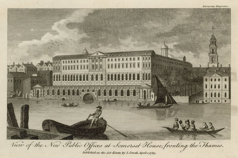 Utsikt over de nye offentlige kontorene ved Somerset House, foran Themsen av English School