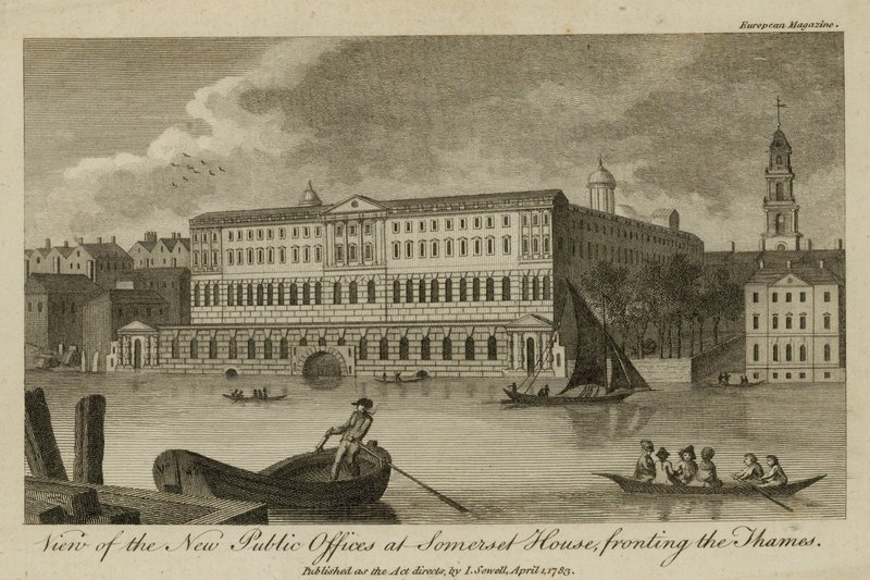 Utsikt over de nye offentlige kontorene ved Somerset House, foran Themsen av English School