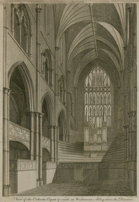 Utsikt over orkesterorgelet osv. reist i Westminster Abbey, London av English School
