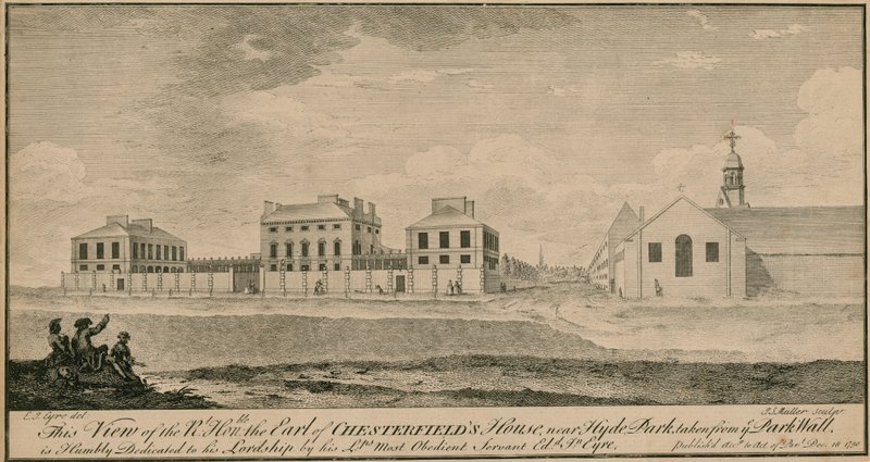 Utsikt over høyre Hon the Earl of Chesterfields hus nær Hyde Park, tatt fra Park Wall av English School