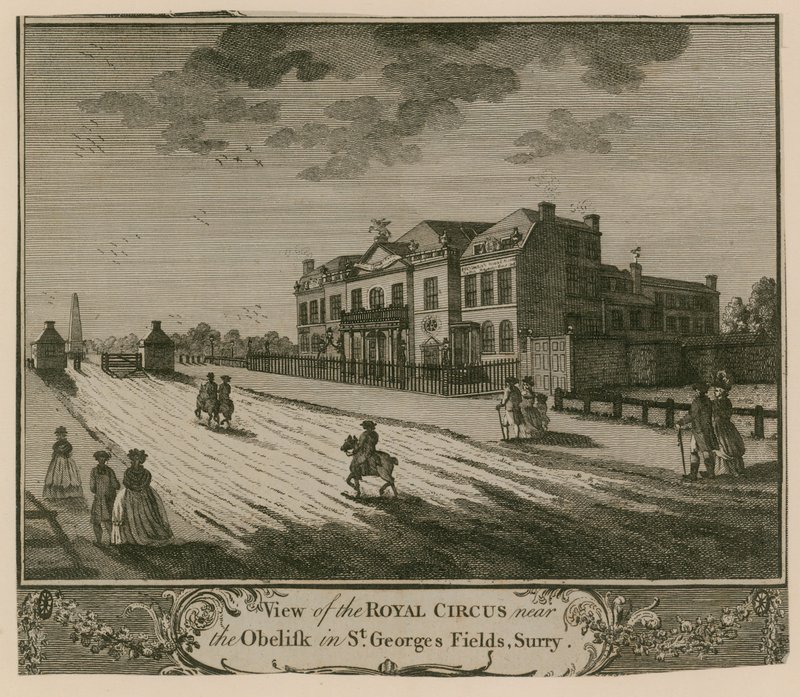 Utsikt over Royal Circus nær Obelisken i St Georges Fields, Surry av English School