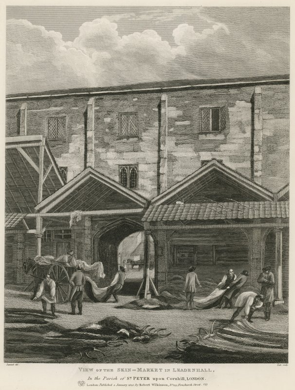 Utsikt over Skin Market i Leadenhall, i Parish of St Peter upon Cornhill, London av English School