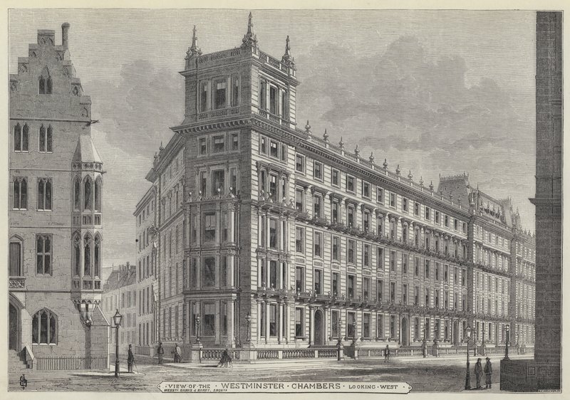 Utsikt over Westminster Chambers, ser vestover (gravering) av English School