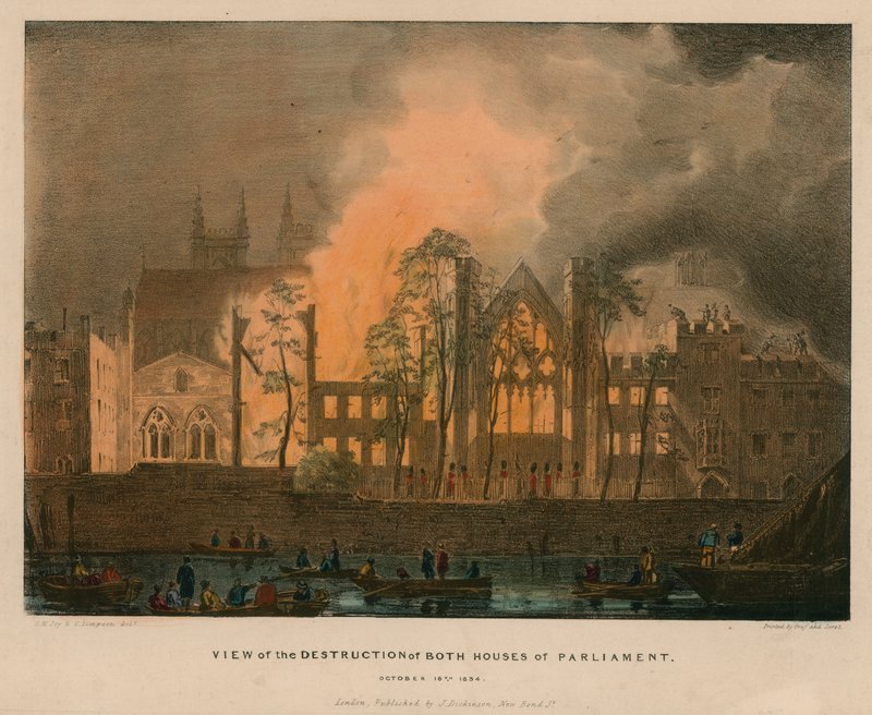Utsikt over ødeleggelsen av begge parlamentets hus, 16. oktober 1834 av English School