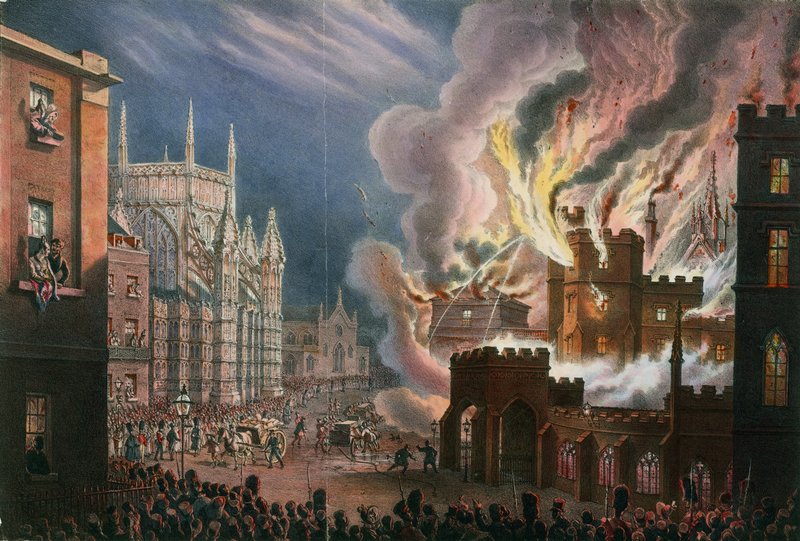 Utsikt over ødeleggelsen av begge parlamentets hus, 16. oktober 1834 av English School