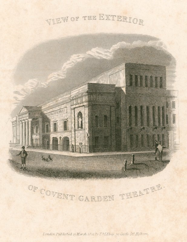 Utsikt over utsiden av Covent Garden Theatre, London av English School