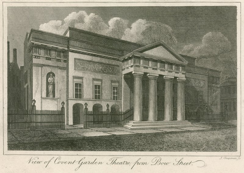 Utsikt over utsiden av Covent Garden Theatre, London, fra Bow Street av English School