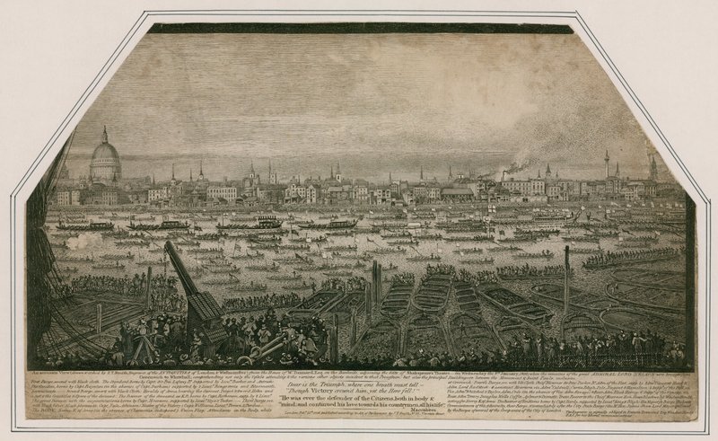 Utsikt over begravelsesfølget til admiral Lord Nelson da han ble brakt fra Greenwich til Whitehall av English School
