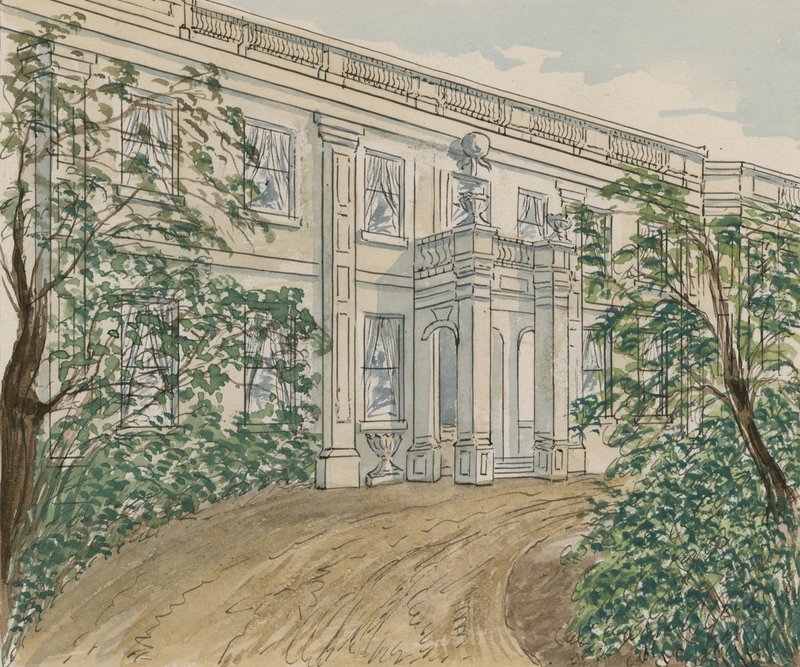 Utsikt over huset ved Palace Green nr. 2, Kensington, der Thackery døde (wc på papir) av English School