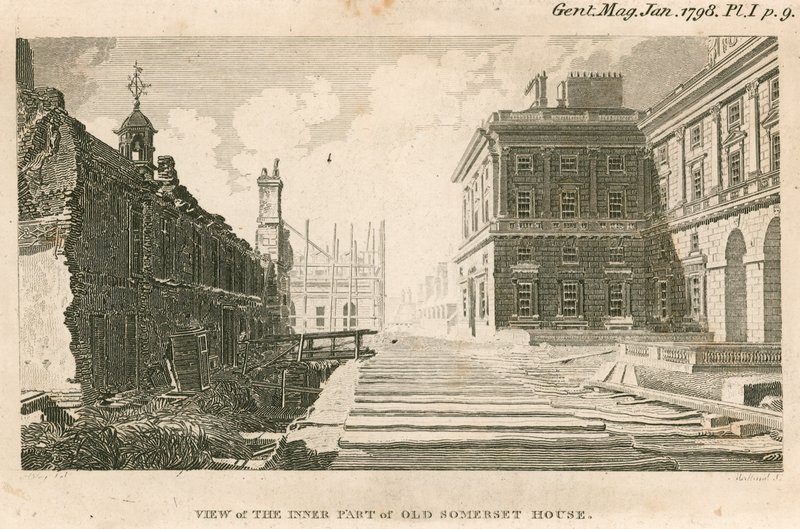 Utsikt over den indre delen av det gamle Somerset House, Strand, London av English School