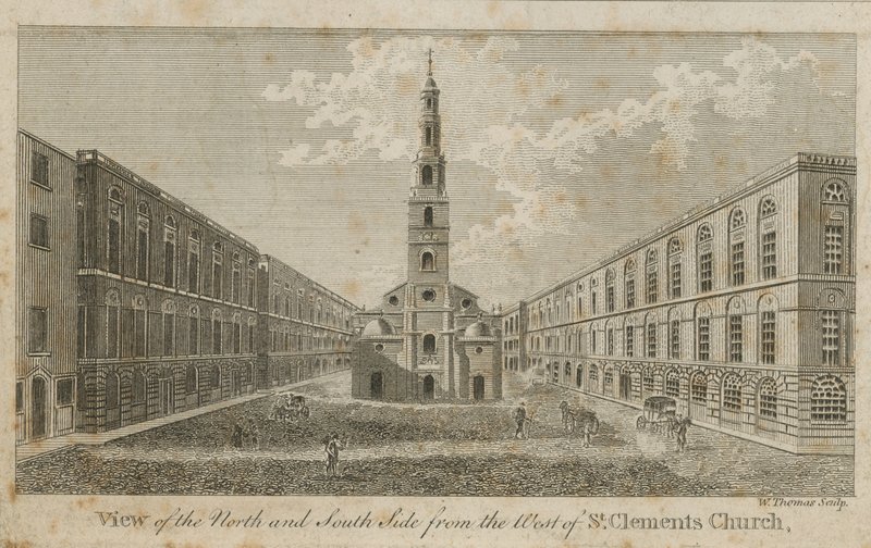 Utsikt over nord- og sørsiden fra vest for St Clements Church av English School