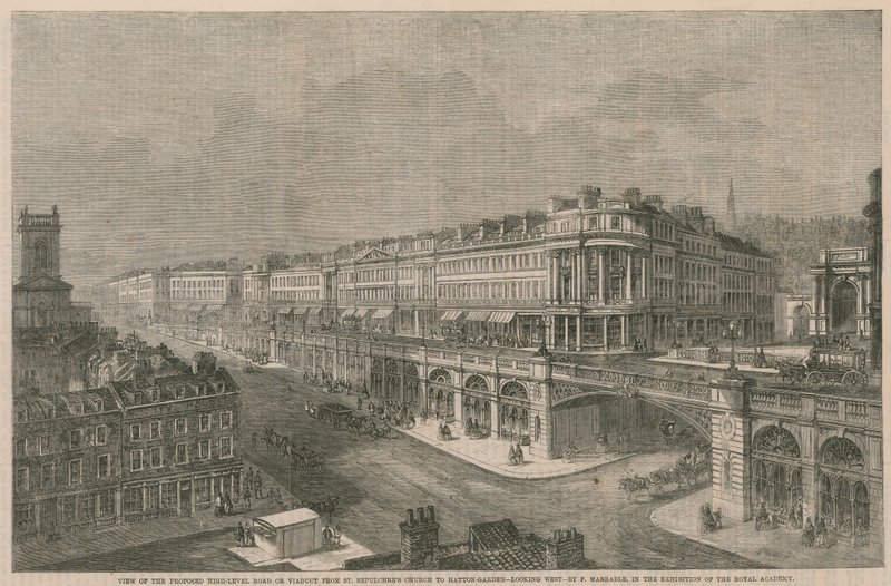 Utsikt over den foreslåtte veien eller viadukten på høyt nivå fra St Sepulchres Church til Hatton Gardens av English School