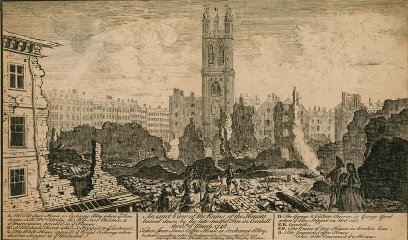 Utsikt over ruinene av husene som ble brent ned av brannen i Cornhill, London, 25. mars 1748 av English School
