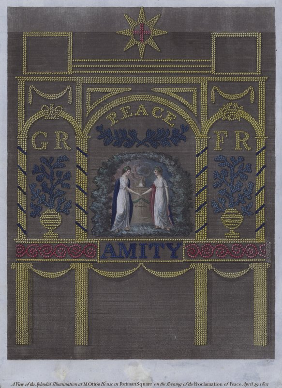 Utsikt over den fantastiske belysningen ved M Ottos hus på Portman Square, London, om kvelden fredserklæringen, 29. april 1802 (farget gravering) av English School