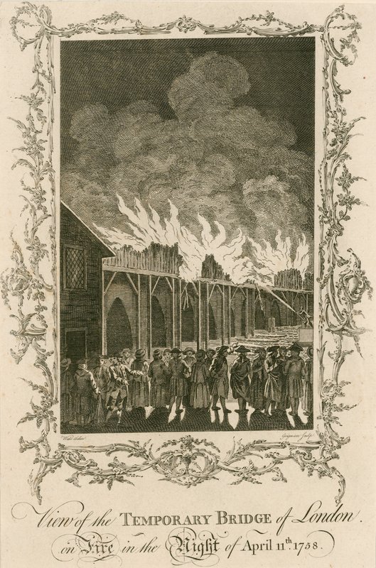 Utsikt over den midlertidige broen i London i brann natt til 11. april 1758 av English School