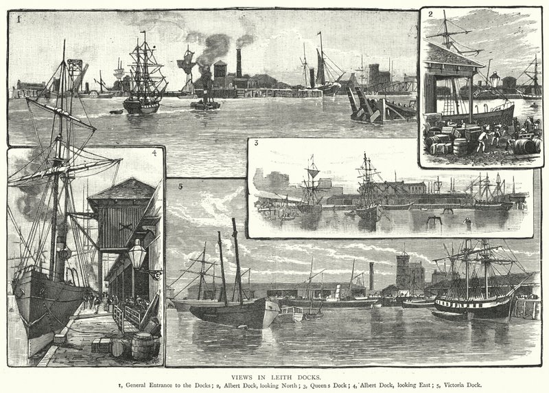 Utsikt i Leith Docks (gravering) av English School