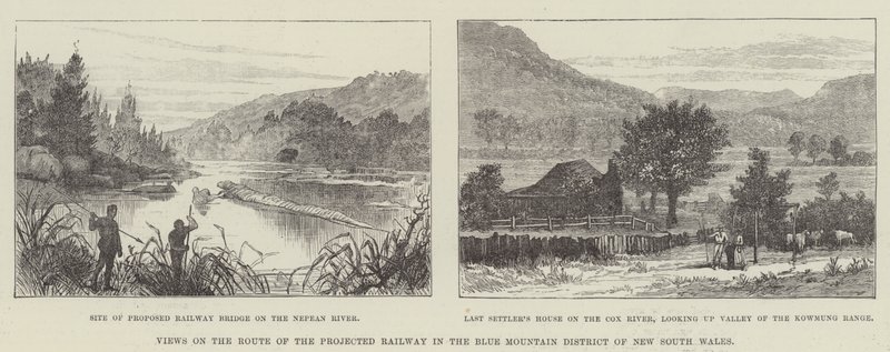 Utsikt over ruten til den prosjekterte jernbanen i Blue Mountain-distriktet i New South Wales (gravering) av English School